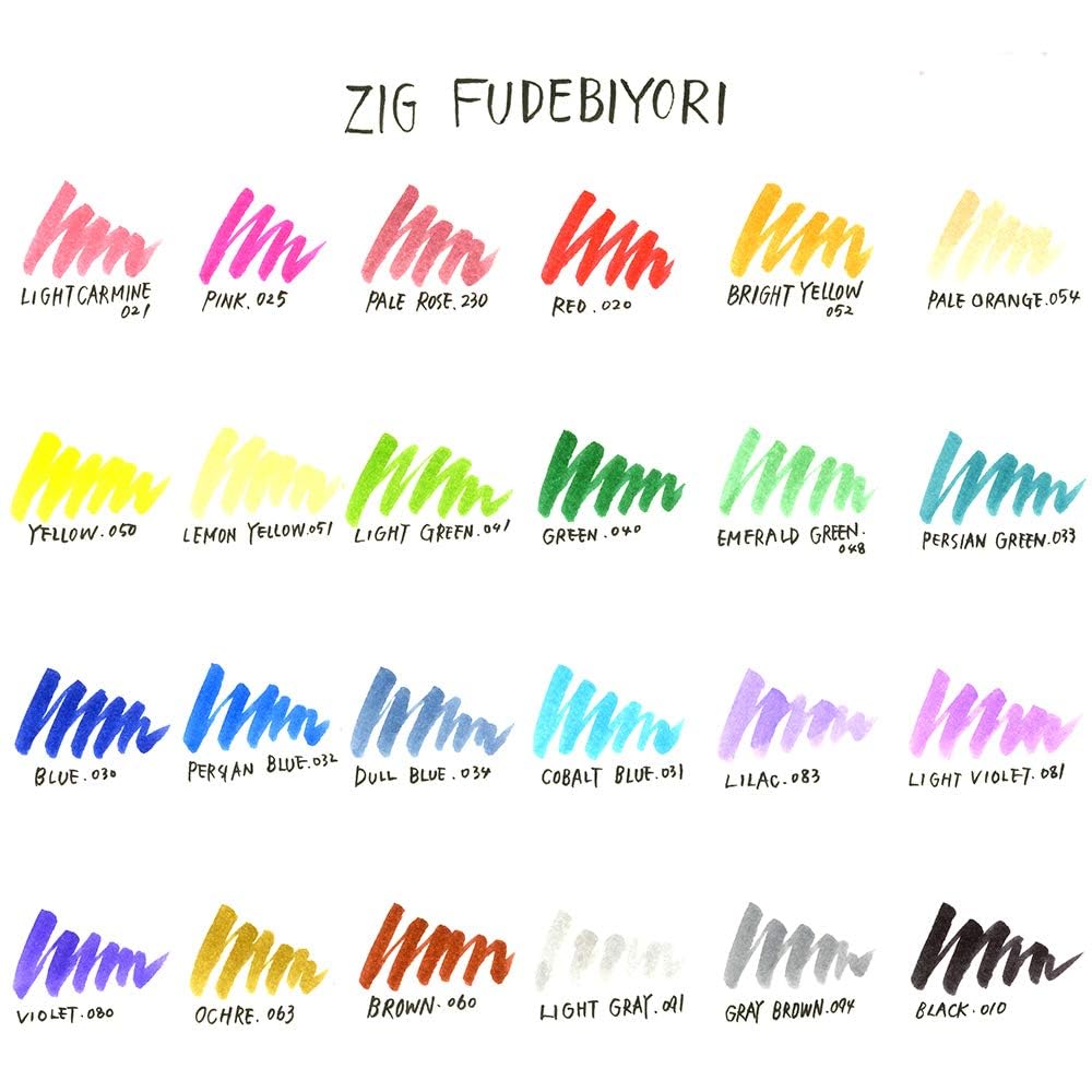 Caneta Pincel Kuretake ZIG FUDEBIYORI AP Flexível Pincel Duro Eficaz para Fino Grande Profissional Fabricado no Japão Conjunto de 24 Cores, Certificado, Sem Odor,
