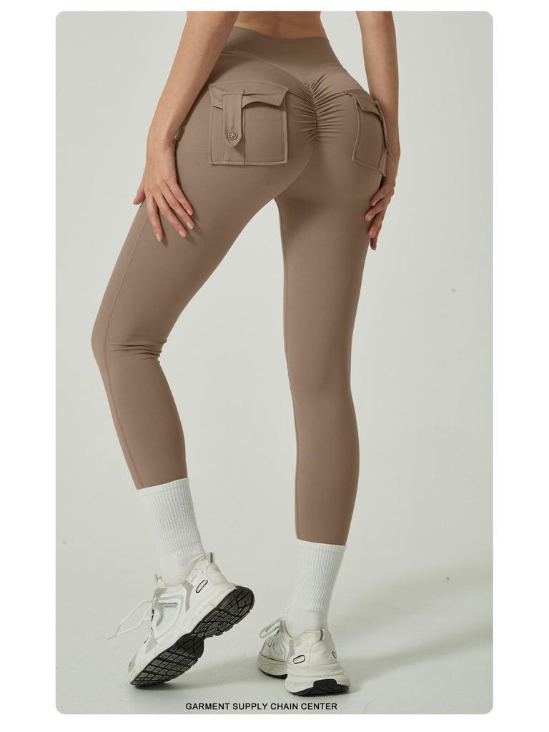 Shorts de Yoga Europeus e Americanos de Cintura Alta com Bolso - Calças de Fitness Flare para Levantamento de Quadril Feminino