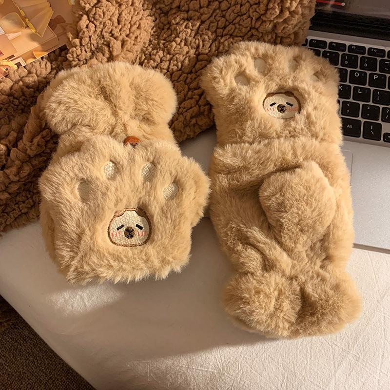 Cute flip bunny plush finger neck gloves female warm and velvet student cold proof