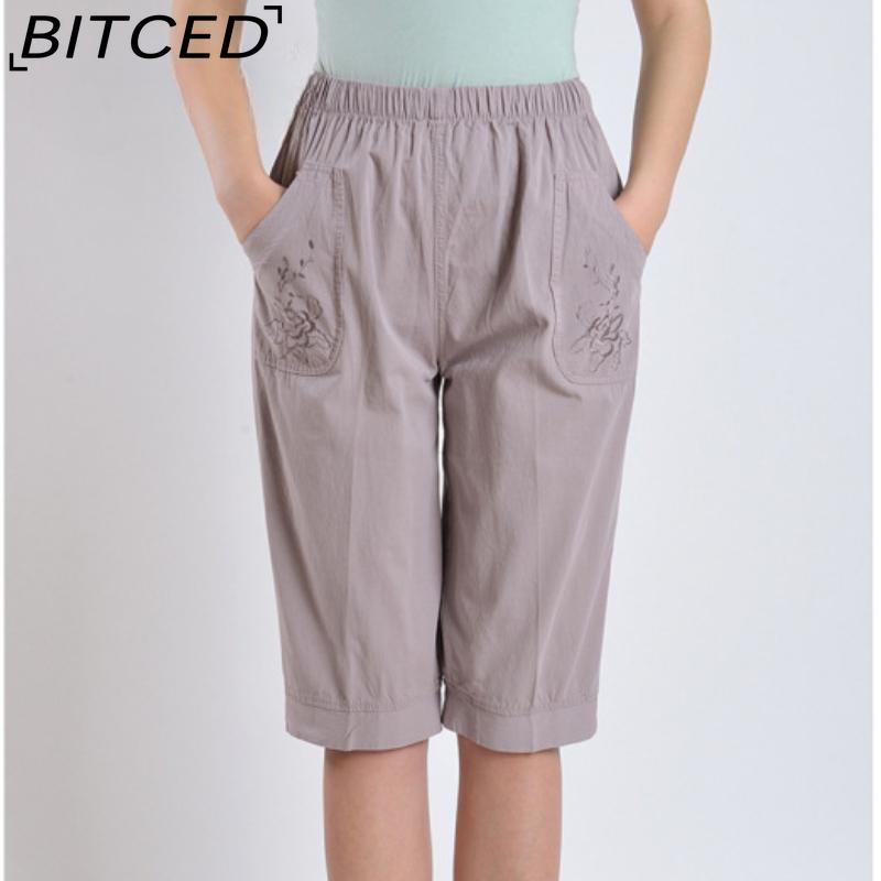 BITCED Summer Women Elastic Waist Straight Trousers Middle Age Older Women High Waist Straight Pants Washed Cotton Cropped Plus Size Pants