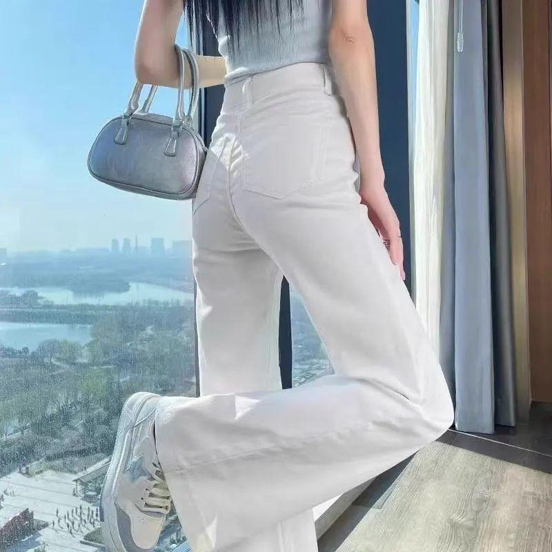 Women's High-Waisted White Micro-Flare Jeans - Autumn Style, Slimming, Loose Fit, Floor-Length, Leg-Lengthening Effect