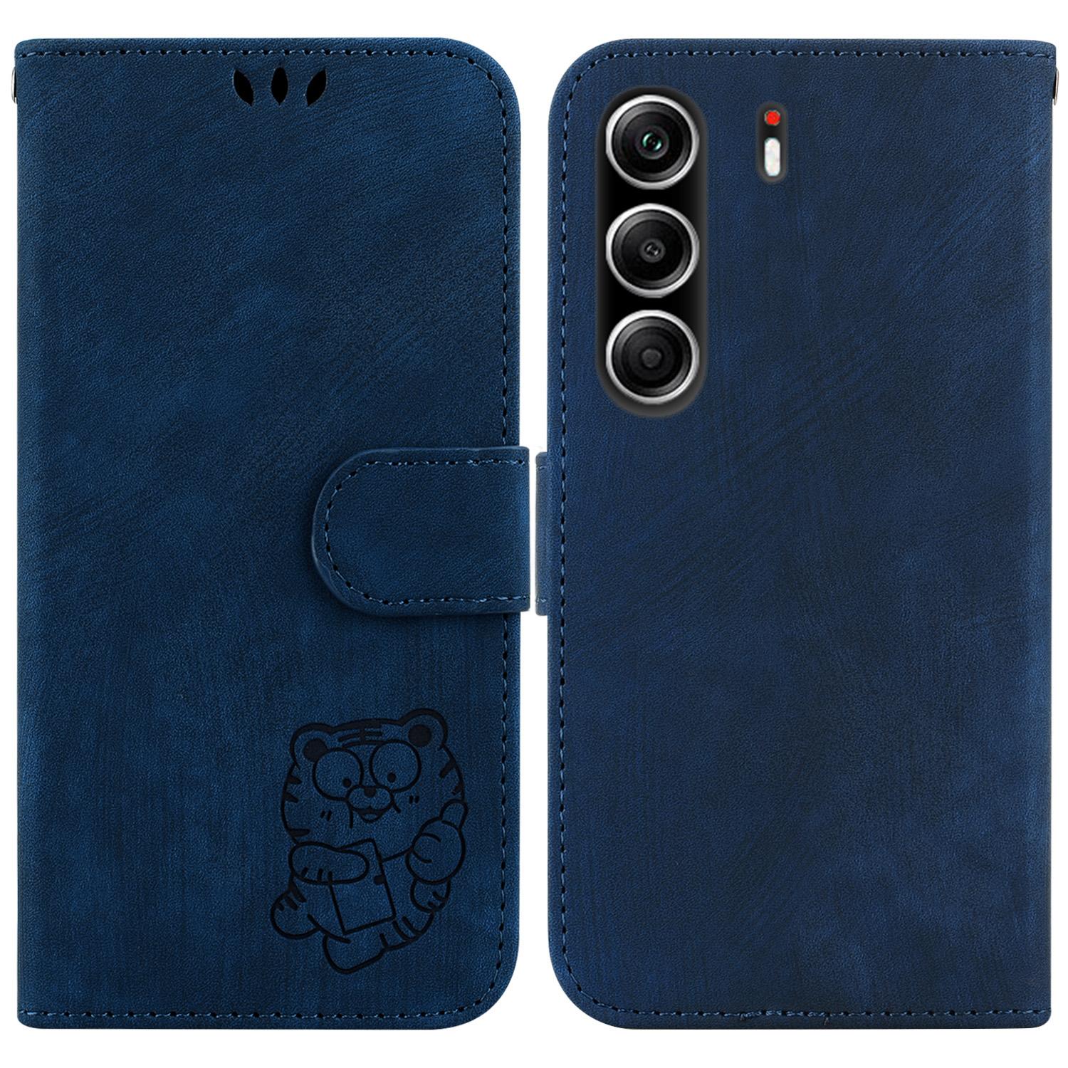 

Для TECNO Camon 40 Pro 5G/4G Чехол-кошелек Кожаный противоударный чехол для телефона с тиснением тигра и ремешком на запястье Dark Blue