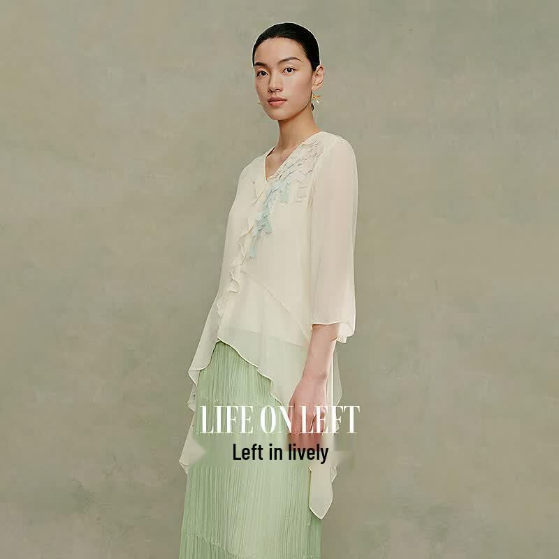 Hand-Embroidered Beaded Ruffle V-Neck Shirt M
