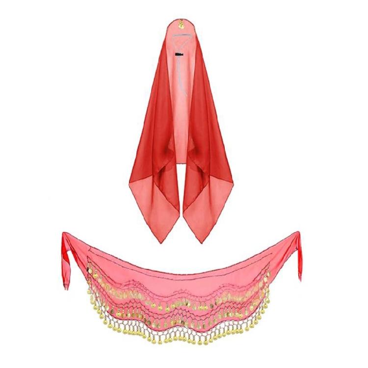 2 предмета: костюм для танца живота, цыганский костюм, набедренный платок для танца живота с монетами, головной платок. красный