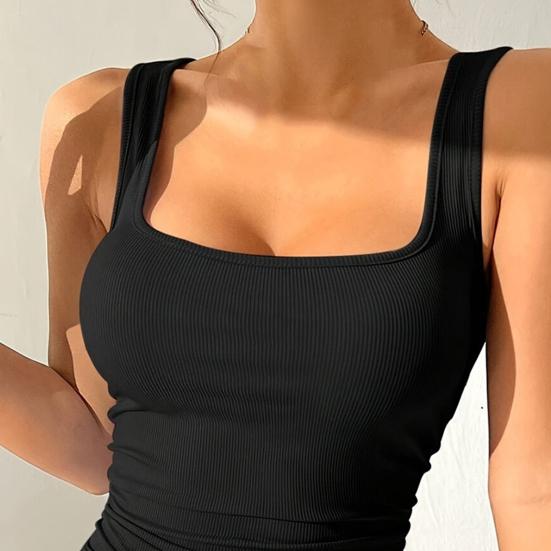 Women Mini Dress Pleated Sleeveless Sheath Dress Slim Fit Square Neck Thread Pure Color Elastic Vest Dress for Club Beach Parties