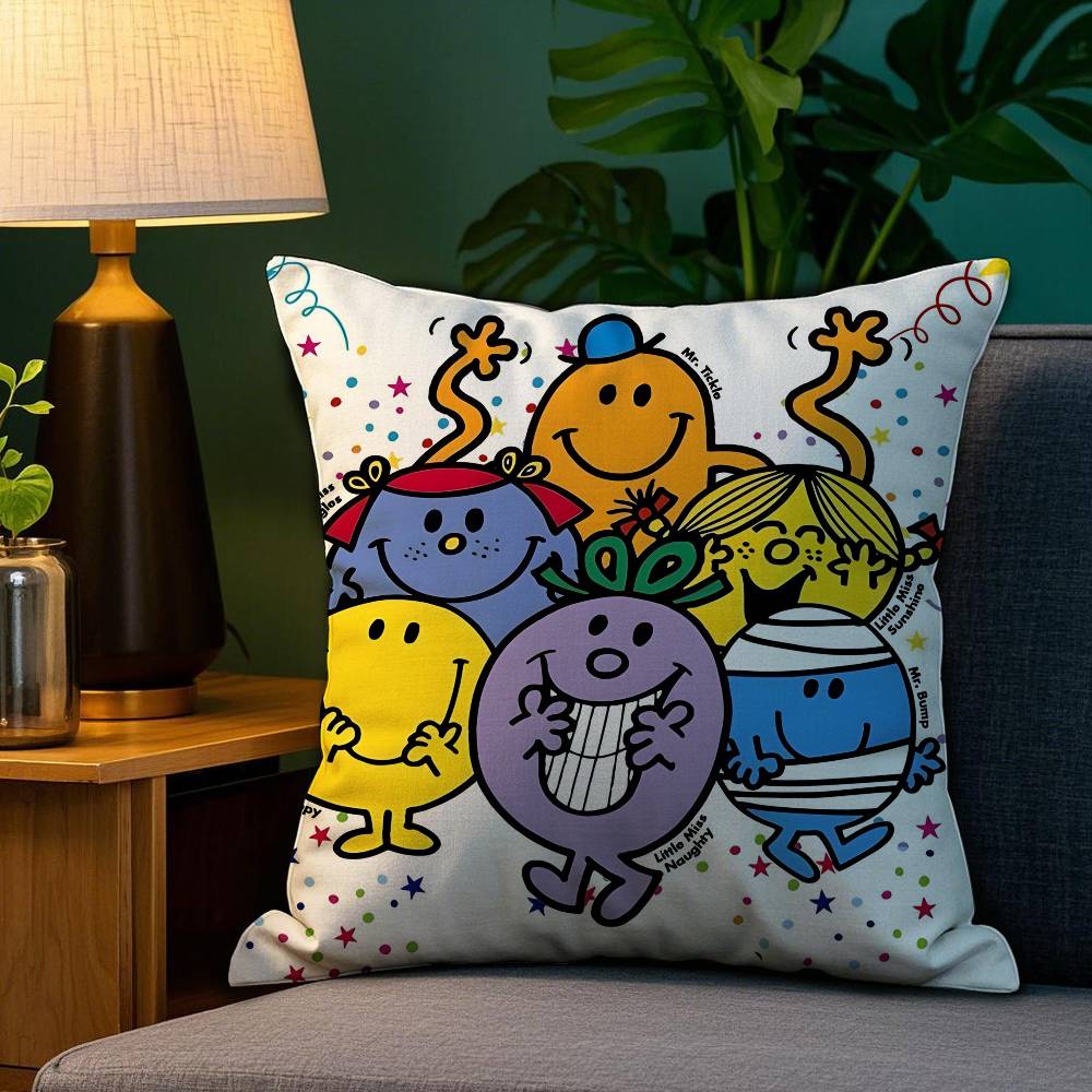 Mr. Men and L-Little Miss Pillow Case Plush Fabric Soft Double Sided Print Home Sofa High Quality Cushion Cover Throw