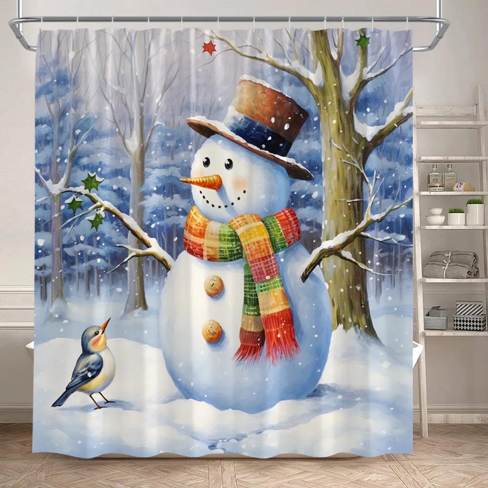 GAEWinter Christmas Shower Curtains Funny Santa Claus Reindeer Snowman Red Xmas Balls Snow Home Bathroom Curtain Decor With Ho