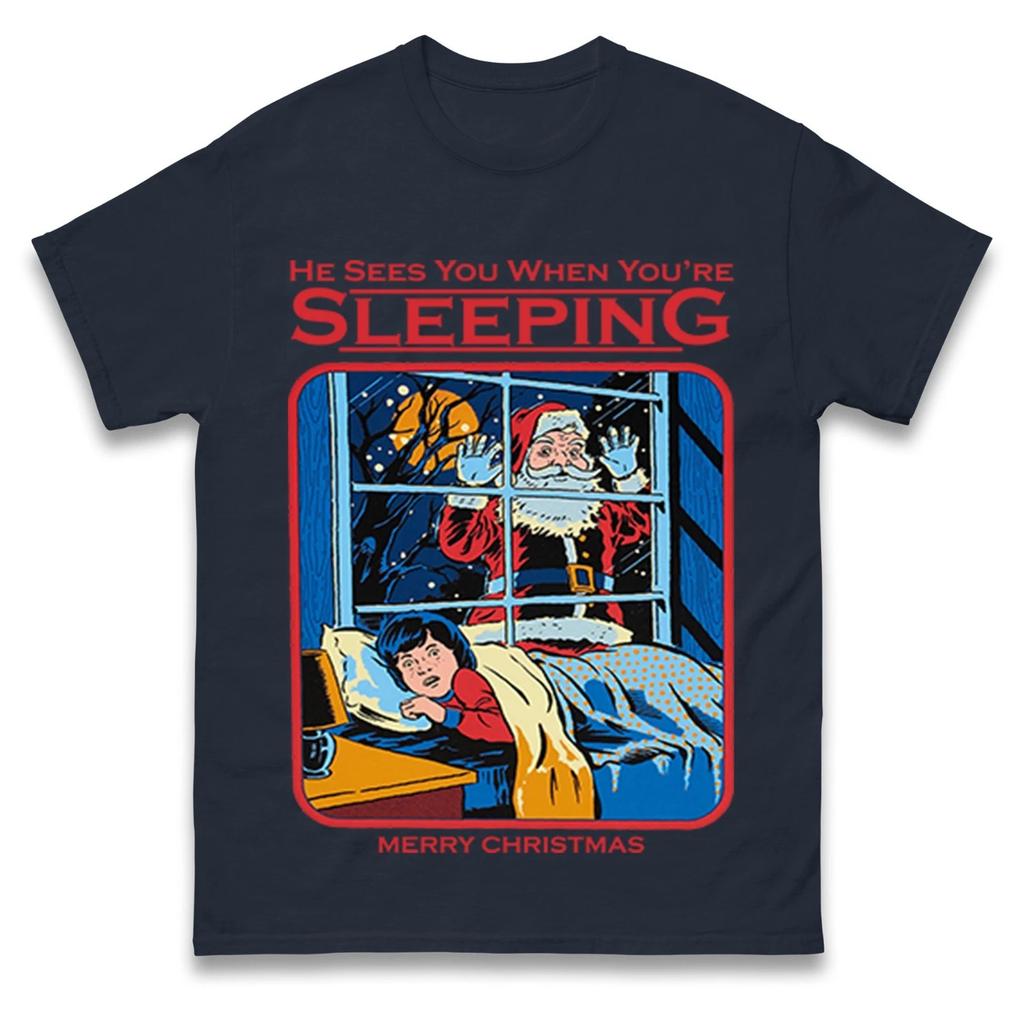 Er sieht dich, wenn du schläfst Lustiges Weihnachtsmann-Weihnachts-T-Shirt Sommer Herren Trainingsanzug Pullover Lässig Atmungsaktiv Sportbekleidung