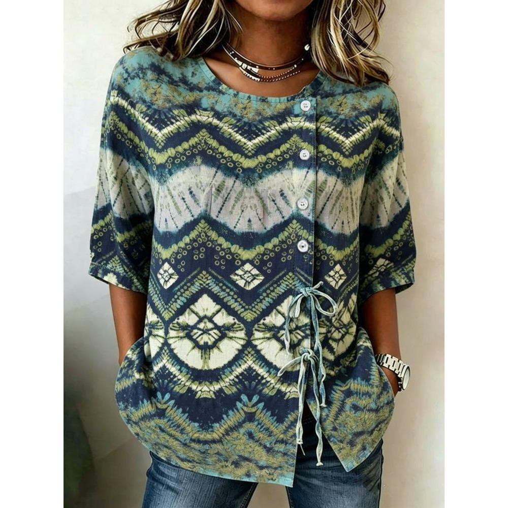 Women's Boho Tie-Dye & Geometric Print Drawstring Button Up Blouse, Casual Round Neck Tops for Spring Summer Daily Vacation Wear