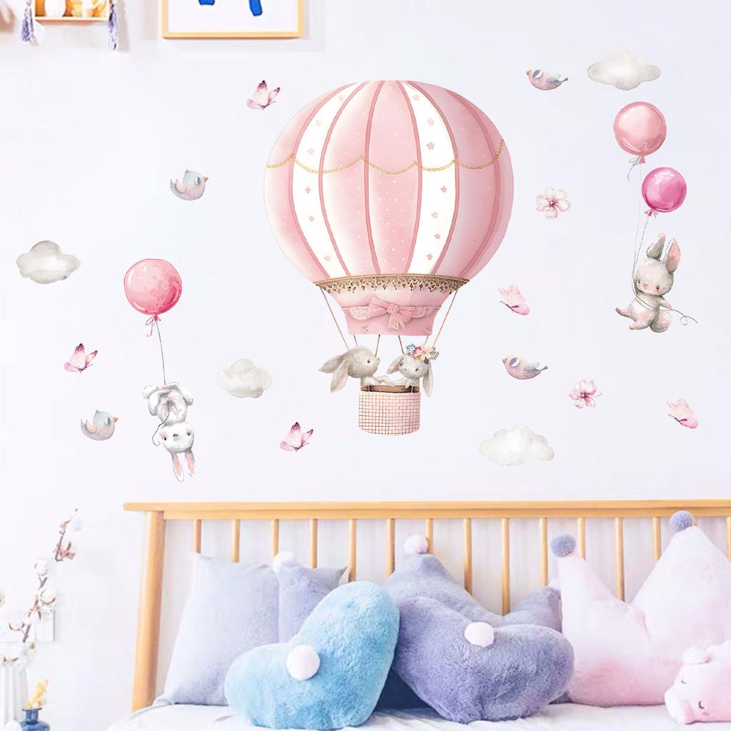 Cartoon Cute Rabbit Hot Air Balloon Clouds Large Wall Stickers for Kids Room Living Room Nursery Decoration Children Wall Decals