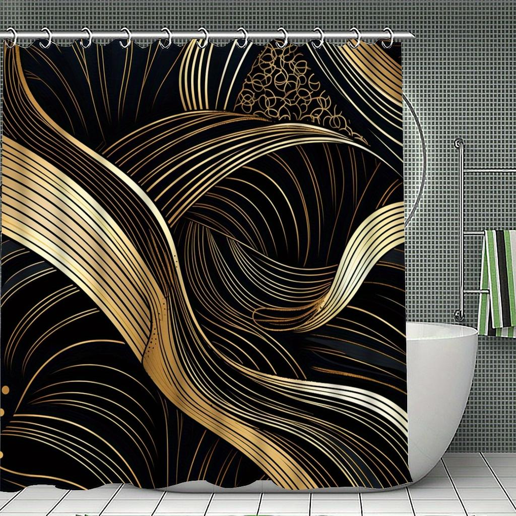 4Pcs Golden Swirl Shower Curtain Set with Non-Slip Bath Mat, Toilet Lid Cover, Contour Rug & 12 Hooks, Bathroom Decor