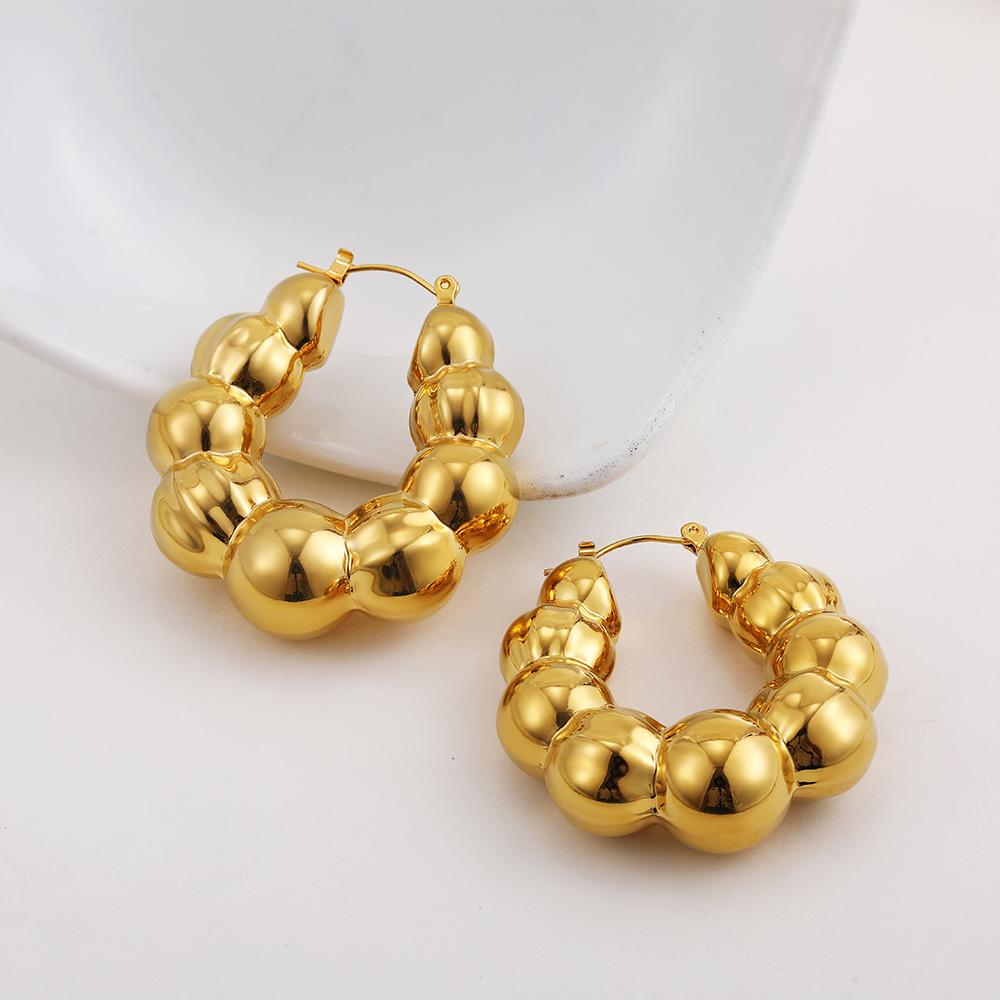 Vintage Punk Gold Plated Large Round Beaded Chunky Hoop Earrings for Women Lightweight Stainless Steel Hoops Statement Jewelry