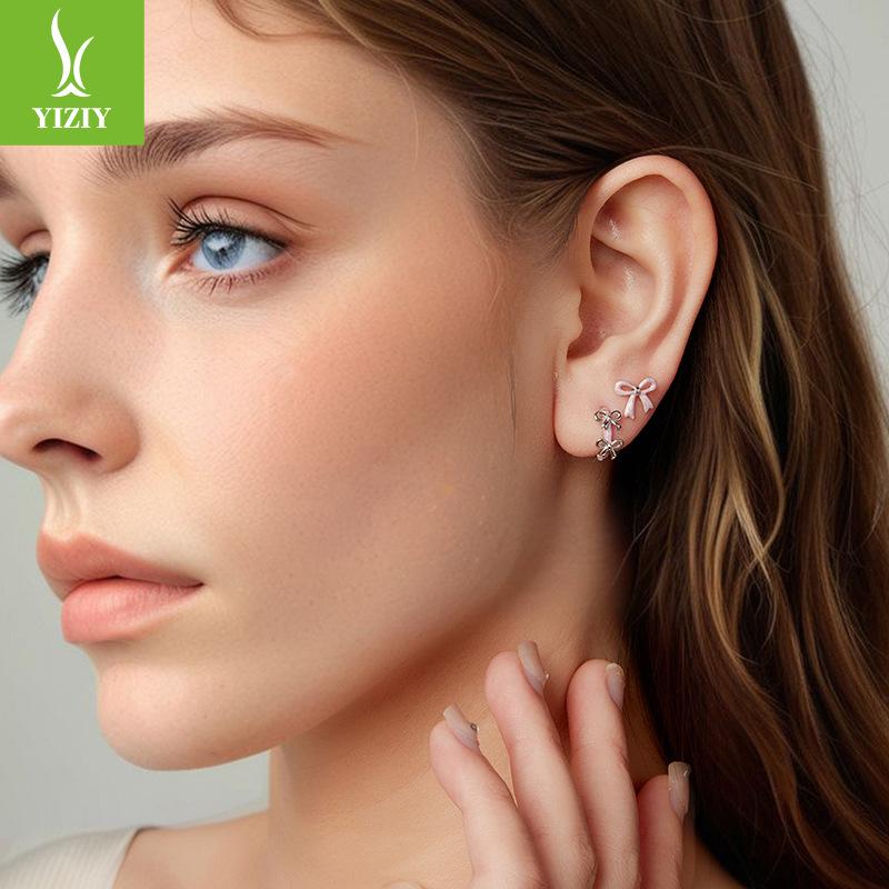 Girly Heart Pink Bow Stud Earrings Female Romantic Princess Style S925 Sterling Silver Stud Earrings