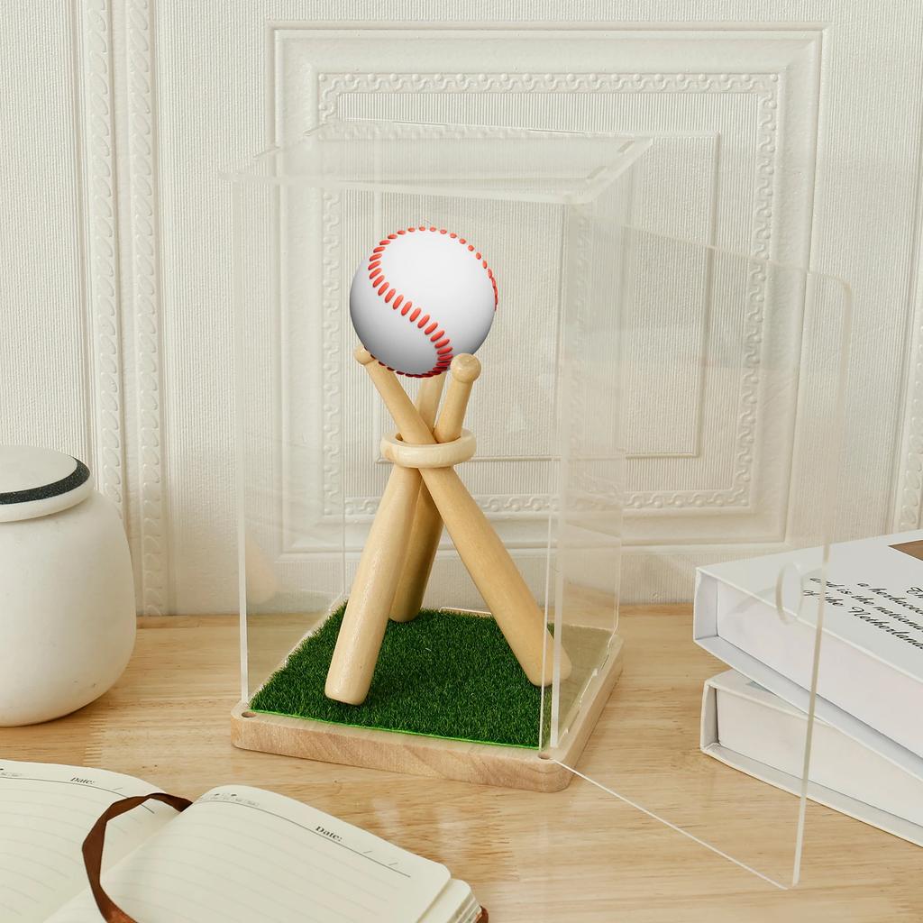 Baseball Display Box Acrylic Cube Baseball Stand with Wood Stand and Simulation Turf Multipurpose Storage Box Tabletop Decor