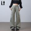 Izzue IT Women's High-Waist Loose Fit Denim Cargo Pants