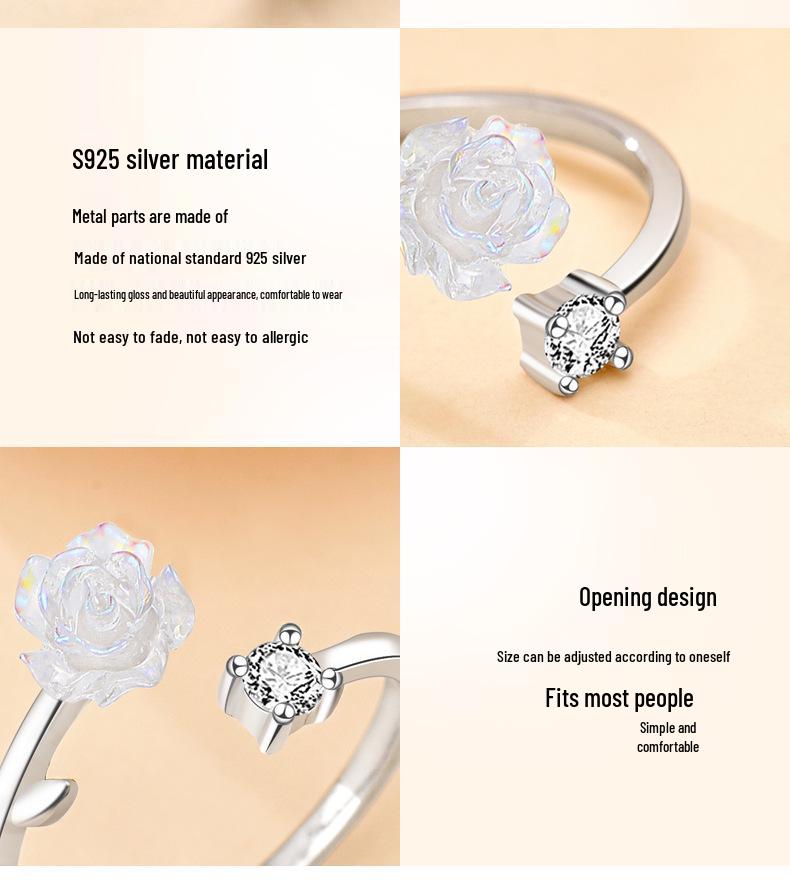 S925 Sterling Silver Camellia Adjustable Open Ring - Light Luxury Flower Design for Women
