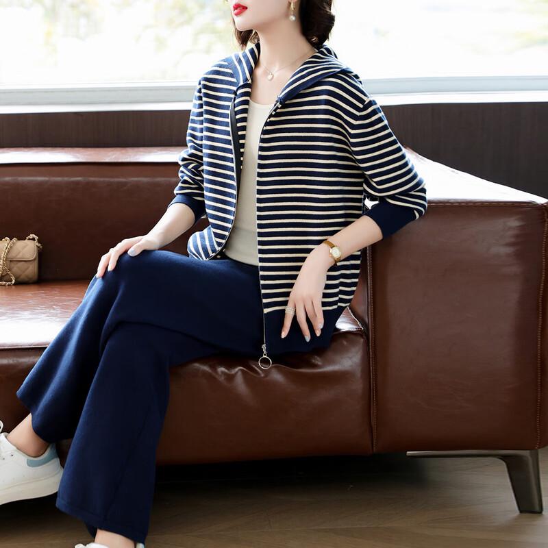 

Mom s Spring/Autumn Hooded Striped Knitted Cardigan & Pants Set XL