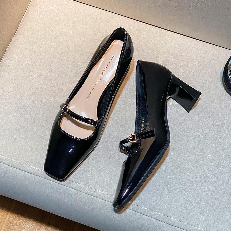 

Модные туфли Мэри Джейн нового стиля для женщин, женские туфли-лодочки на высоком каблуке для модных платьев, женские туфли с квадратным носком на высоком толстом каблуке с ремешком и пряжкой 35 чёрный