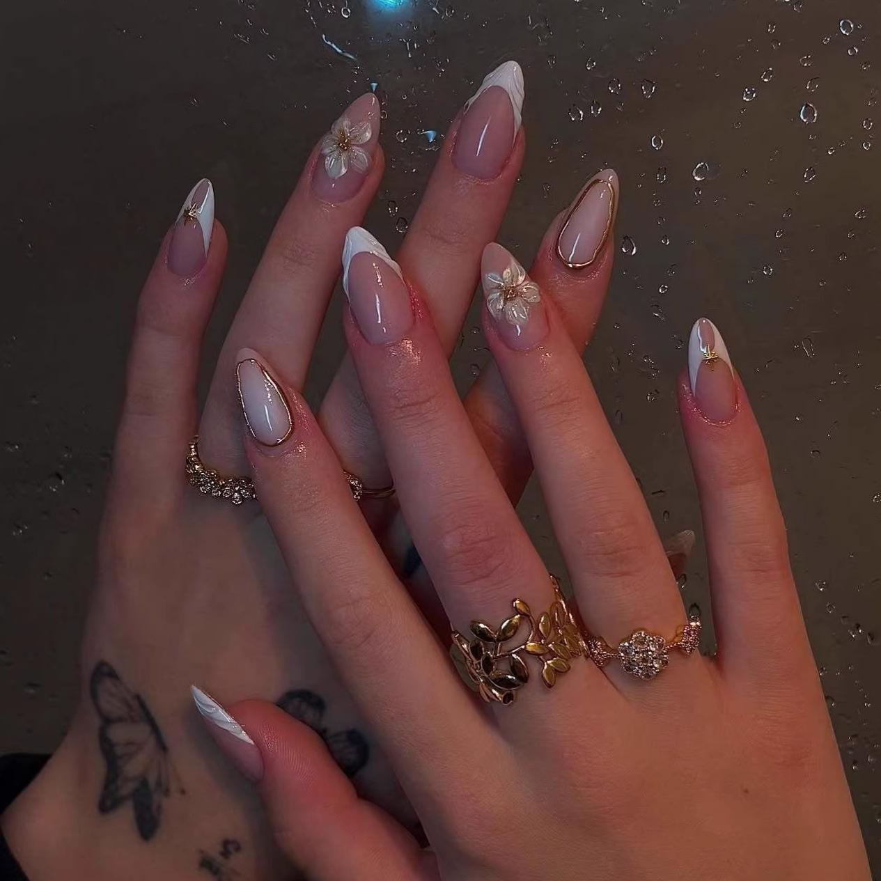 Almond Flower French Tip Gold Bead Nail Art Stickers - High-End Feel False Nails