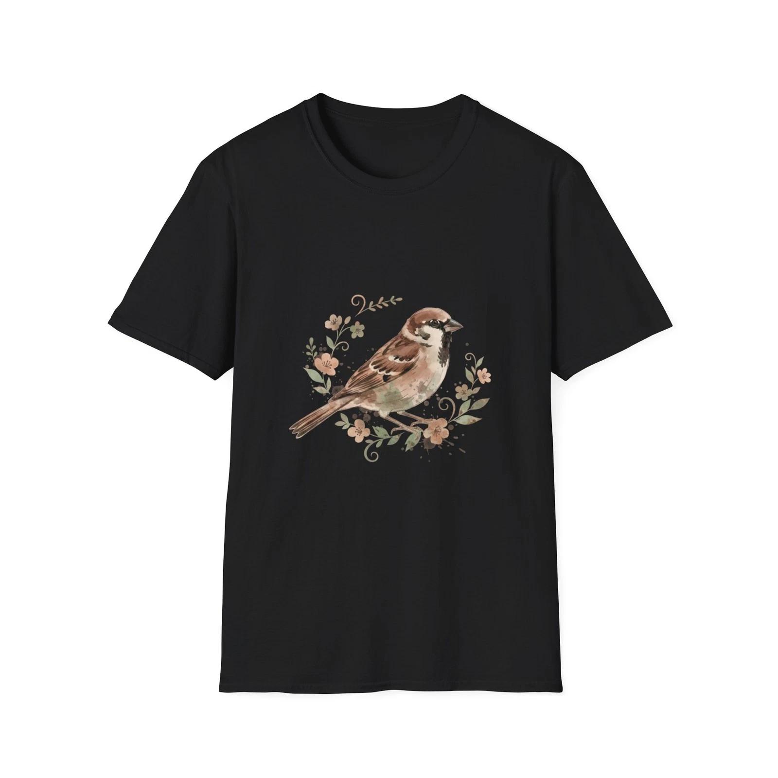 Bird Floral Watercolor Nature Black Tee Aesthetic Graphic T-Shirt 3XL