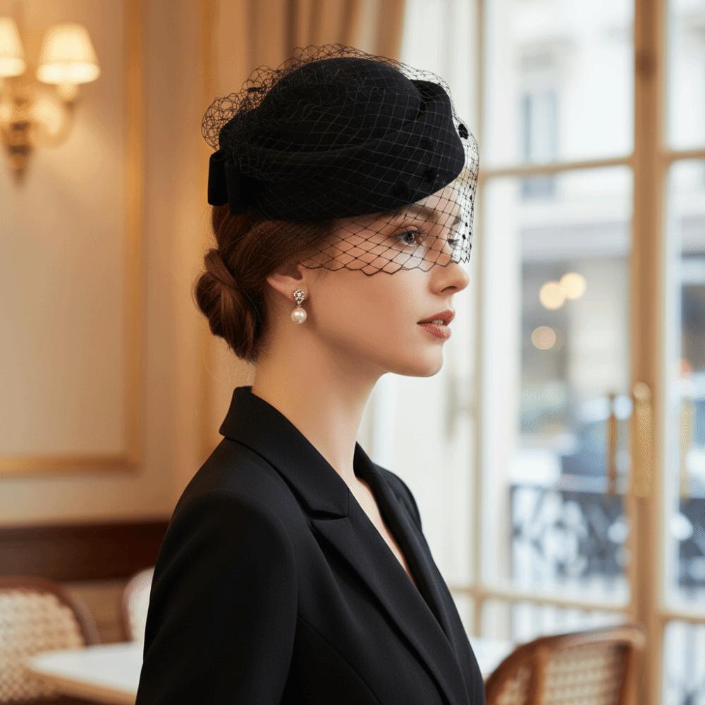 British Style Pillbox Hat Solid Color Stewardess Cap Vintage Wool Bow Hat with Veil  Wedding