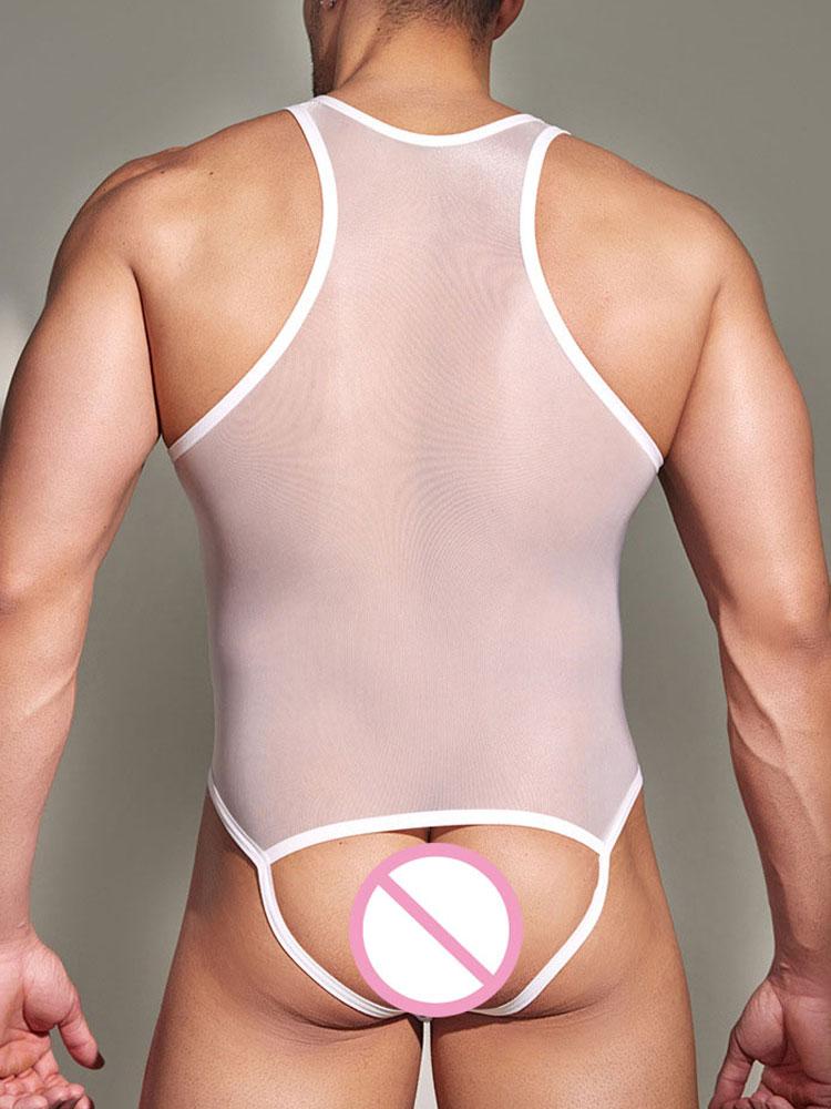Sexy Men'S Sheer Bodysuit Tops Oil Shiny Glossy Buckle Open Crotch Exotic Gym Tights High Elastic Man Shaping Wear Leotard