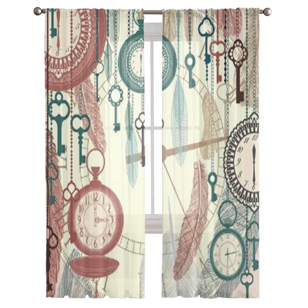 Vintage Pocket Watches Feathers Sheer Curtains for Living Room Transparent Tulle Window Curtain Bedroom Kitchen Veil Drapes