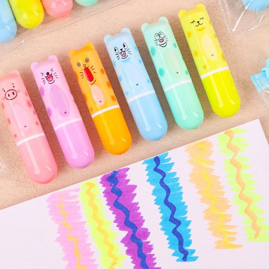 Yousheng 6Pcs Chisel Tip Highlighter Marker, Cute Marker Pen, Cartoon Macaron Highlighter No-Bleed Ink Markers for Journaling, Planners, and Office
