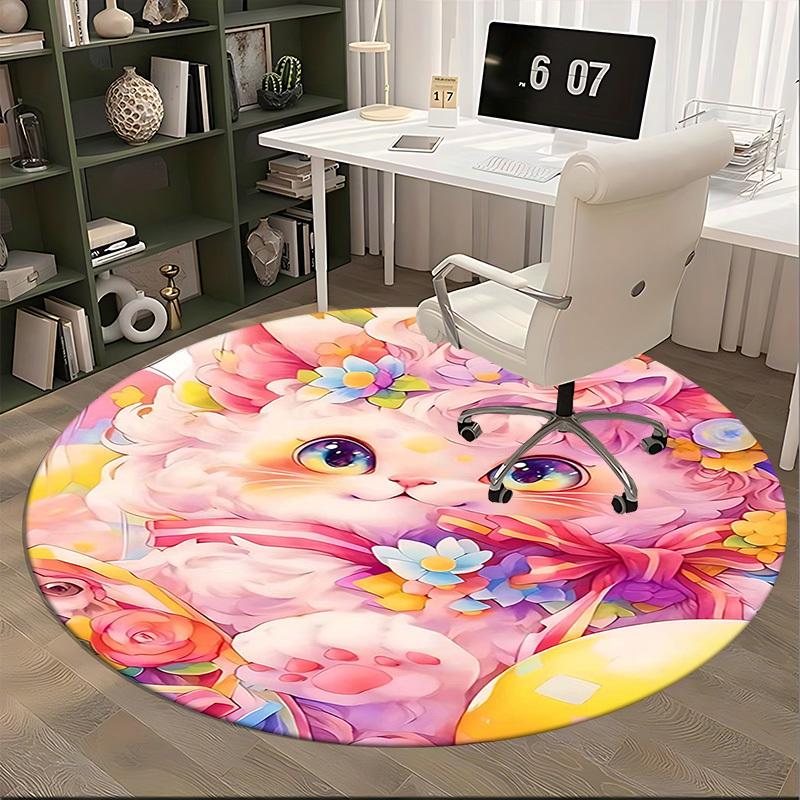 1pc Anime Design Flower Cat Round Carpet Office Chair Mat, Non Slip Rug for Home Decor, Living Room, Bedroom, Game Room, Festival Gift