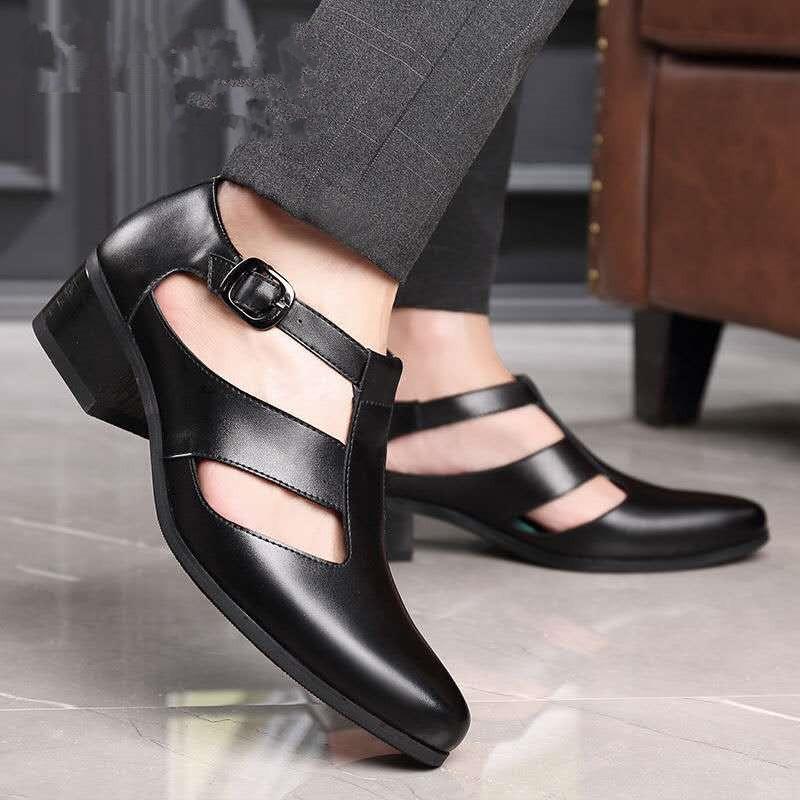 Fashion Mens Genuine Leather High Heel Dress Sandals Daily Business Office Work Sandals Trendy Hollow Pointed Toe Buckle Sandals204