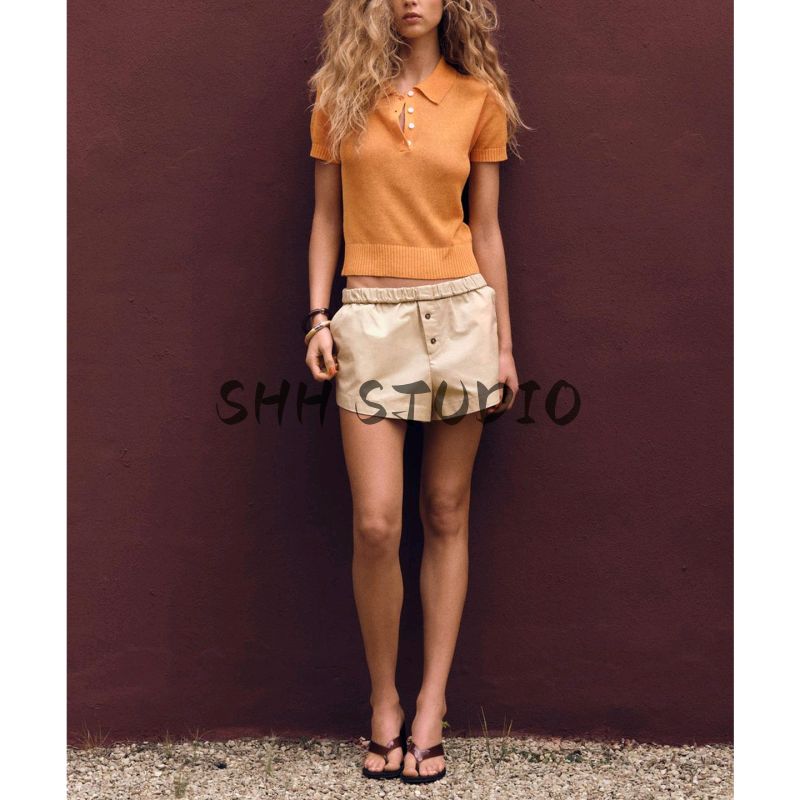 Summer New Product Women's Clothes Minimalist Style Decorated Row Button Lapel Short Sleeve Plain Stitch Polo Shirt Style Tops 2142044