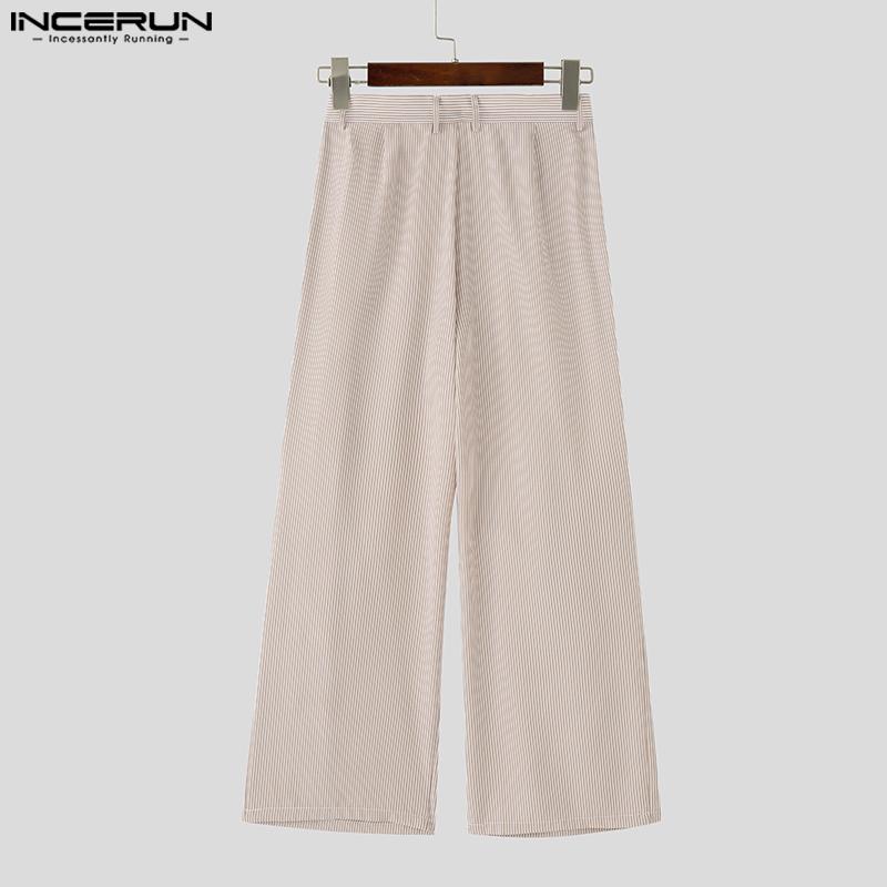 INCERUN Men Casual Zipper Waist Striped Long Ruffled Wide Legs Pants Trousers