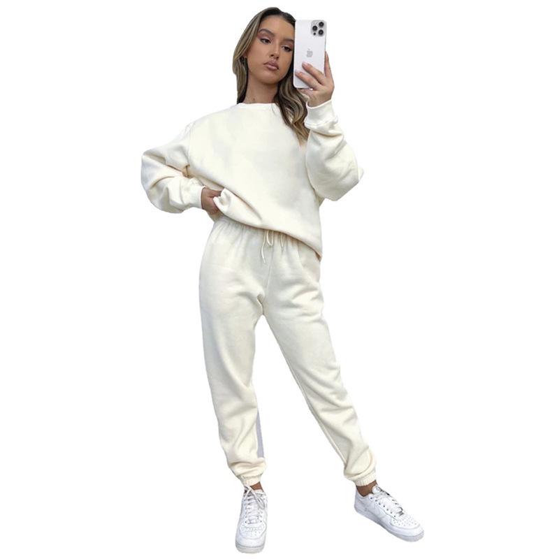 Europe, America, autumn and winter solid color round neck pullover trousers women's clothing, fashionable casual long-sleeved sweater set, spot