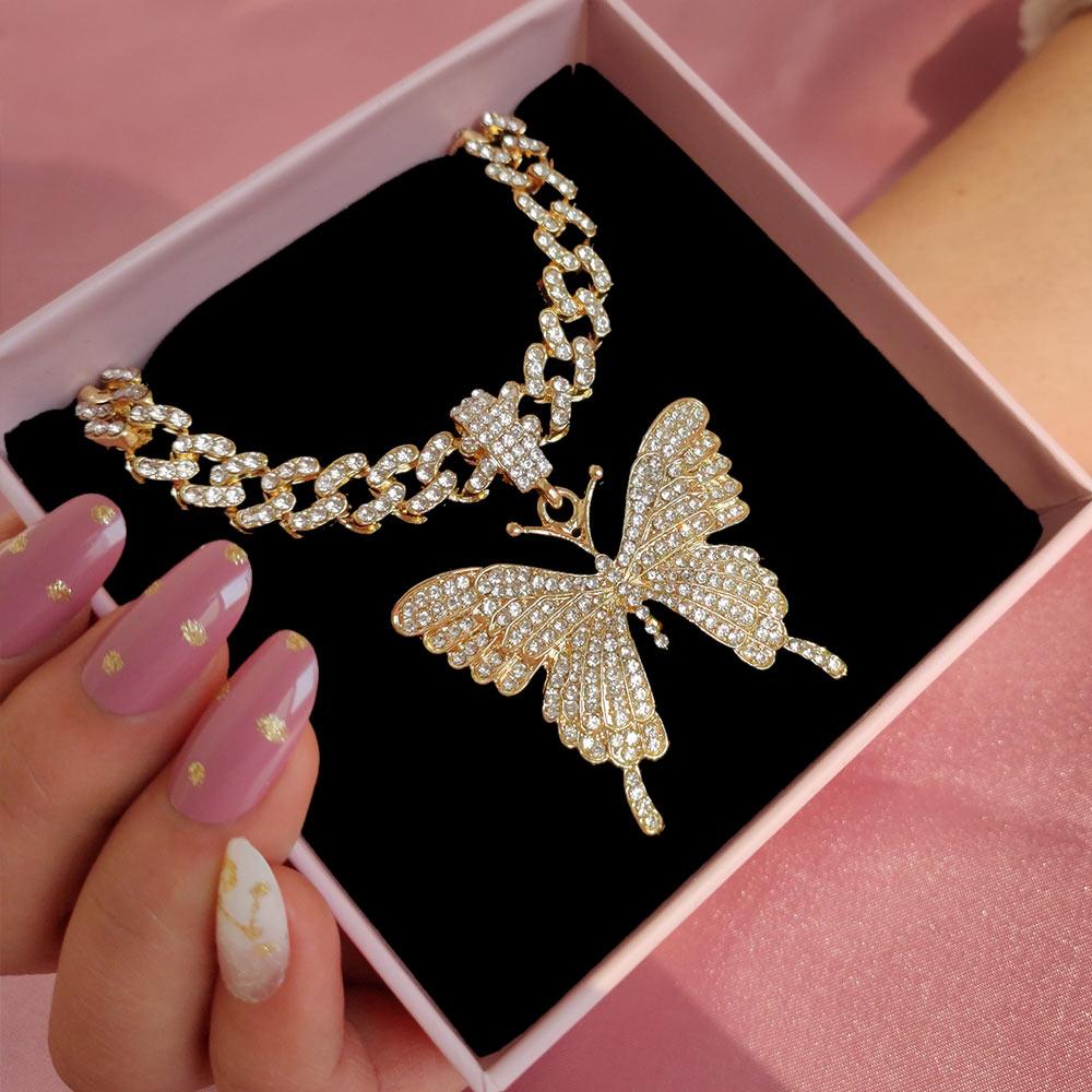 

Панк кубинское звено цепи бабочка горный хрусталь кулон ожерелье для женщин рэппер полное кристалл кубинское колье чокер мужчины рок ювелирные изделия 45cm