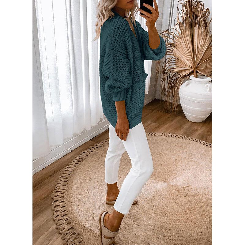 Women S Loose V Neck Lantern Sleeve Button Front Knit Cardigan Sweater