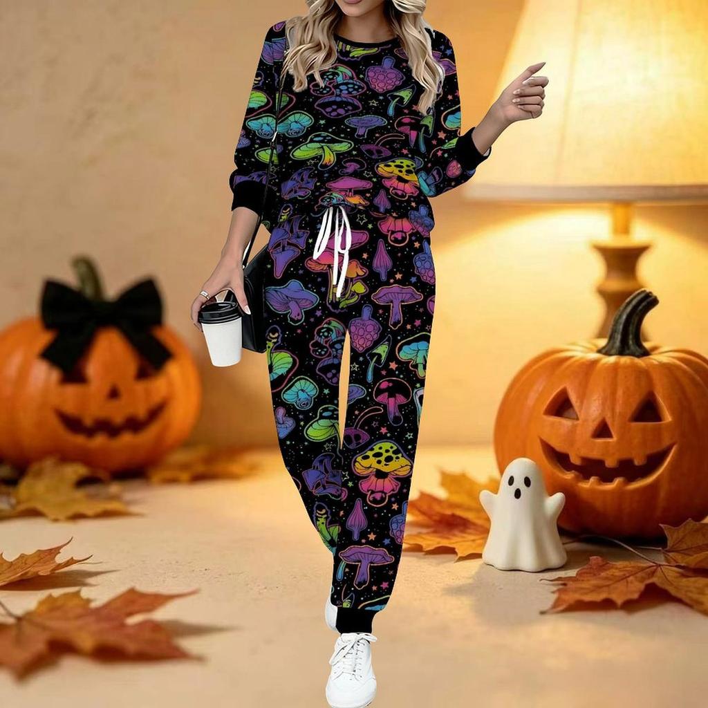 Damen Halloween Print Zweiteiliges Outfit, Langarm Rundhals Oberteil & Jogginghose mit Kordelzug Lässiger Trainingsanzug für Frühling Herbst