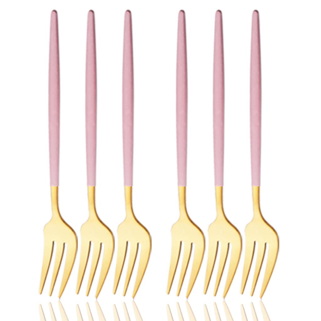 6Pcs Pink Gold Dinnerware Set Stainless Steel Small Fork Cutlery Cake Fork Fruit Fork Dessert Fork Flatware Kitchen Accessory