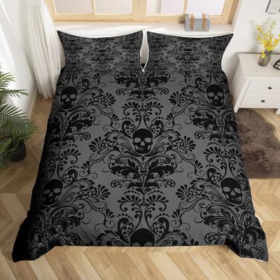 Schwarzes Skelett Bettwäsche Set Antik Viktorianisch Barock Totenkopf Bettbezug Queen Size Gothic Vintage Floral Bettbezug