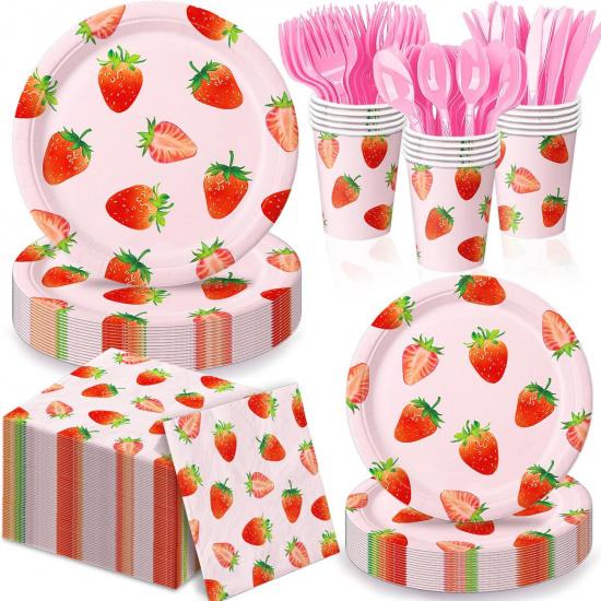 168 Pcs Strawberry Birthday Decorations Strawberry Party Decorations Includes Plates, Napkins, Cups, Cutlery for Berry First Birthday Decor, Serve 24