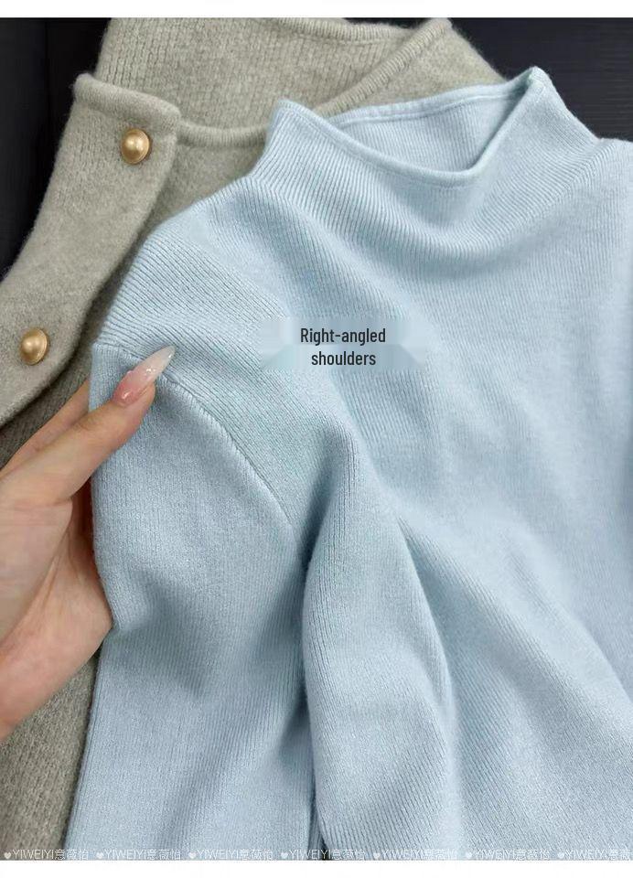 Women's Milky Yellow Slim-Fit Knit Sweater - Semi-High Neck, Soft, Autumn/Winter Base Layer, Straight Shoulder Design