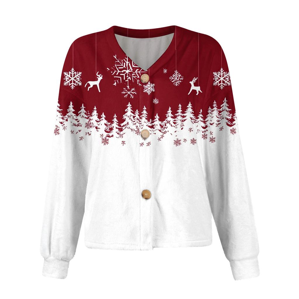 Women's Fashion Short Coat Casual Long Sleeve  Printed Single Breasted Plush Top