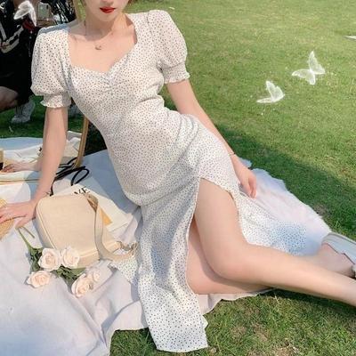 Midi Printed Dress Women Elegant A-line Korean Vintage Short Sleeve Summer Woman 2021 Dresses Party Square Collar Boho Vestidos
