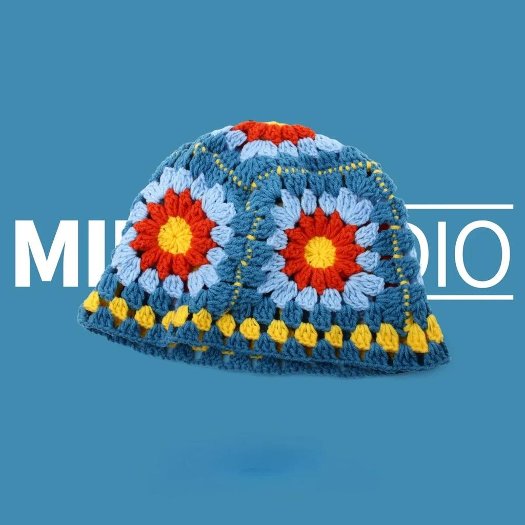 Cute Dopamine Wind Japanese Handmade Crochet Knitted Bucket Hat Rainbow Rhombus Plaid Wool Bucket Winter Basin Hat Bucket Hat