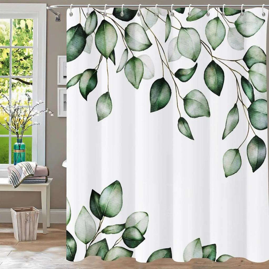 Bathroom Fabric Shower Curtain Waterproof Green Washable Watercolor Leaf Top Plant Bathroom Shower Curtain with Flowers