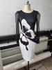 Women's Dress Butterfly Printed Mesh Patchwork Long Sleeved Slim Fitting Waist Wrap Hip Skirt