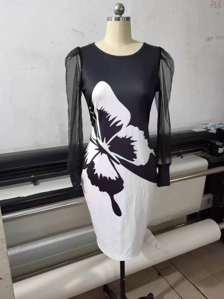 Women's Dress Butterfly Printed Mesh Patchwork Long Sleeved Slim Fitting Waist Wrap Hip Skirt