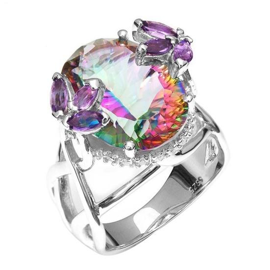 Glitter Flower Bud Inlaid Rainbow Rhinestone Bridal Ring Engagement Jewelry Gift