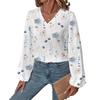 Ladies Autumn Winter Long Sleeve V Neck Flower Pullover  Shirt Top