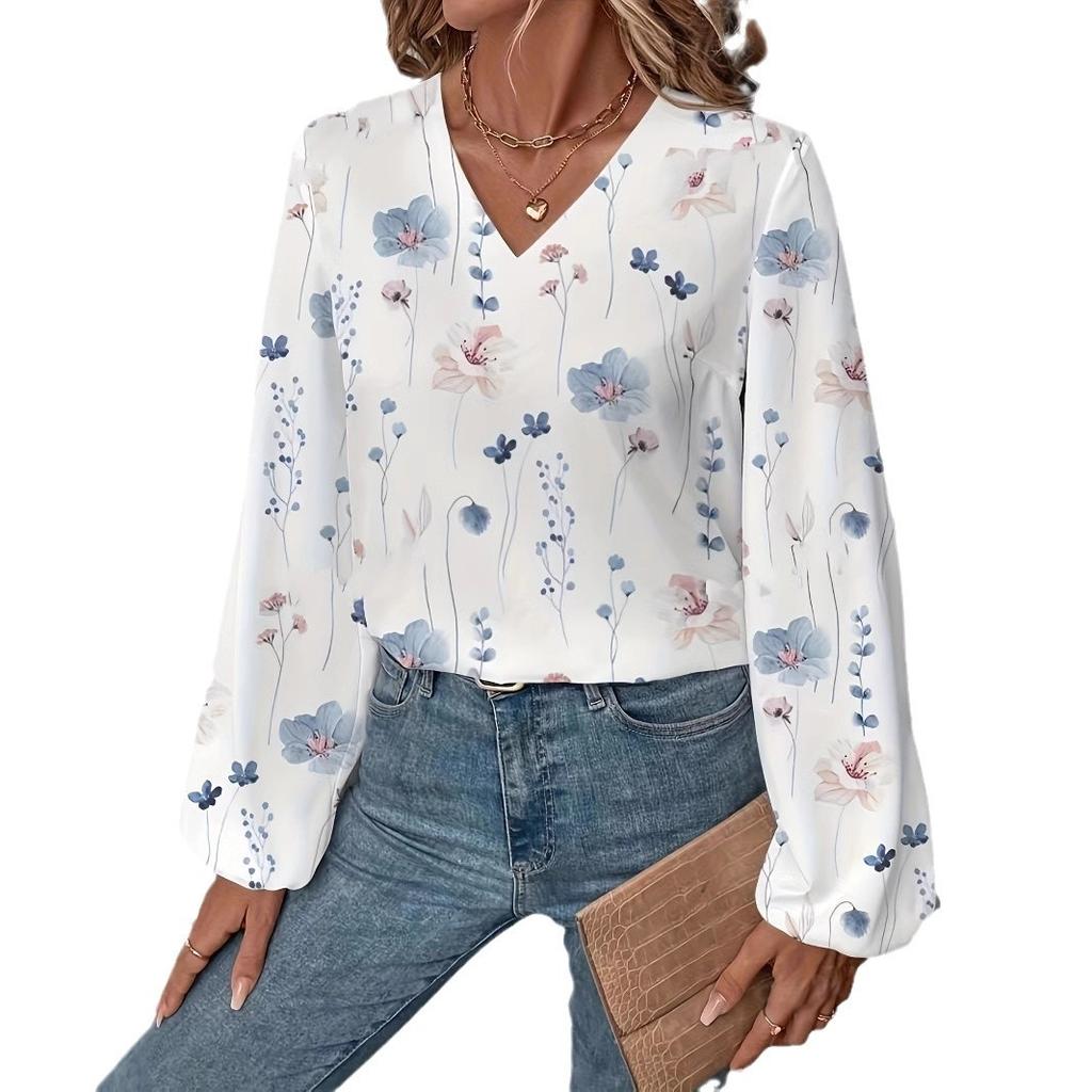Ladies Autumn Winter Long Sleeve V Neck Flower Pullover Shirt Top