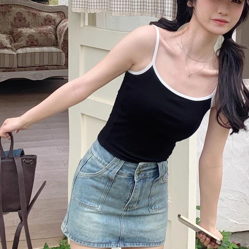 Sweet Girl Contrast Color Camisole Vest For Women Integrated With Chest Pad Slim Fit Classic Versatile Design Inner And Outer Wear Top